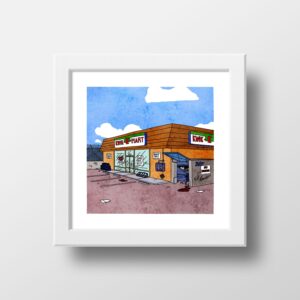 The Simpsons Kwik E Mart Watercolour Print, Scenic Simpsons, Apu Kwik E Mart Poster Watercolor Illustration Print Wall Art 21x21cm 1